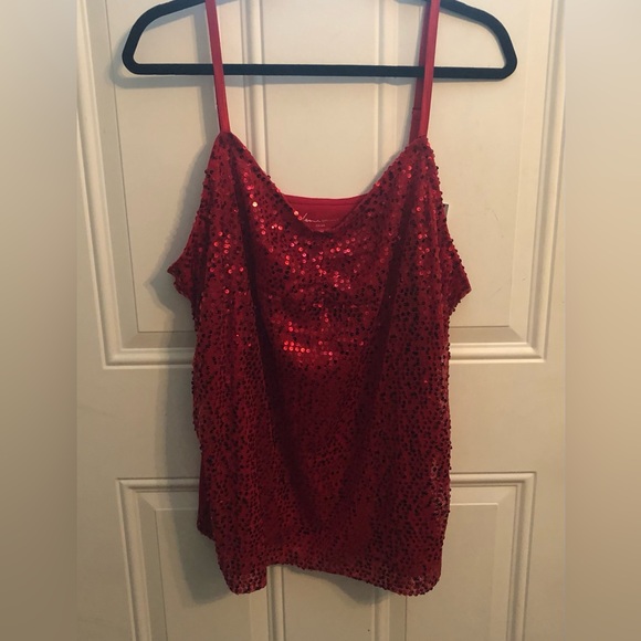 Lane Bryant Red Sequin Cami Tank Spaghetti Adjustable Straps Ruched Bust 22/24 - Picture 2 of 10